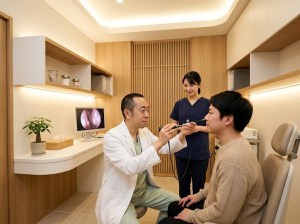 診察・検査のイメージ: 医師が内視鏡カメラで患者の鼻を診察している様子（AIで作成したイメージ画像）