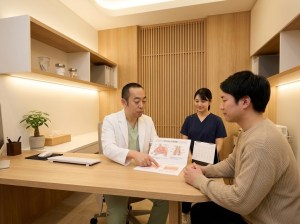 手術を決める場面のイメージ: 医師が説明用紙を示しながら患者に説明している様子（AIで作成したイメージ画像）