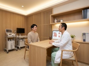 手術のあとのイメージ: 診察室で医師が患者と経過を話している様子（AIで作成したイメージ画像）