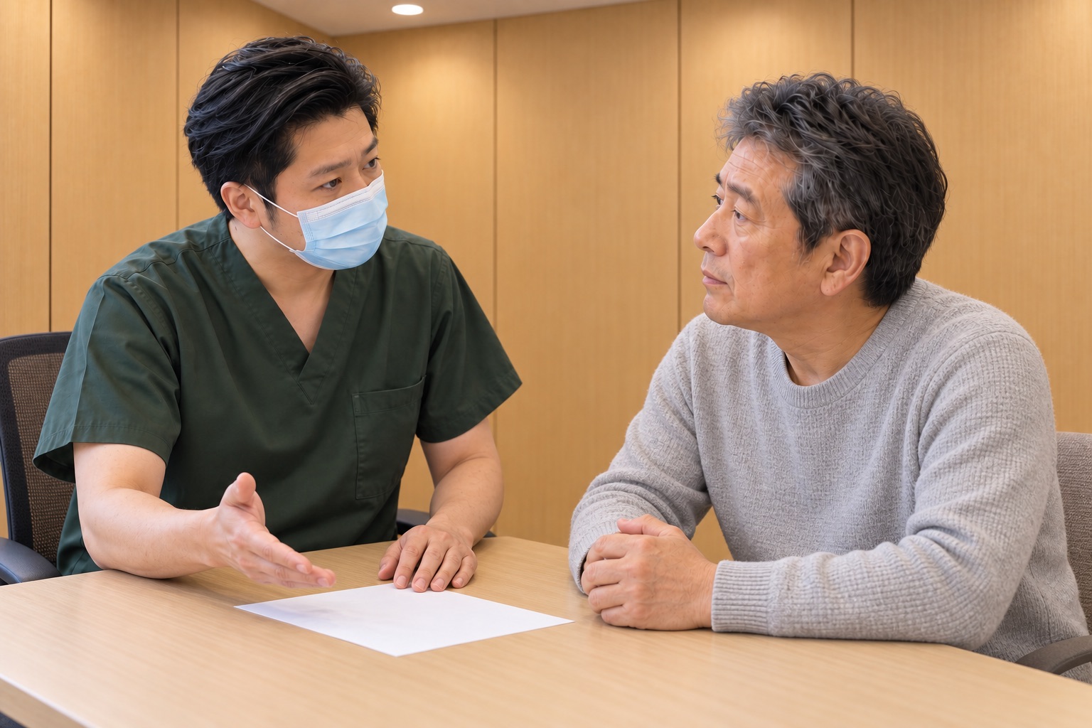 木目調の相談室で、医師が患者に向かい合い、説明しながら相談に応じるイメージ。