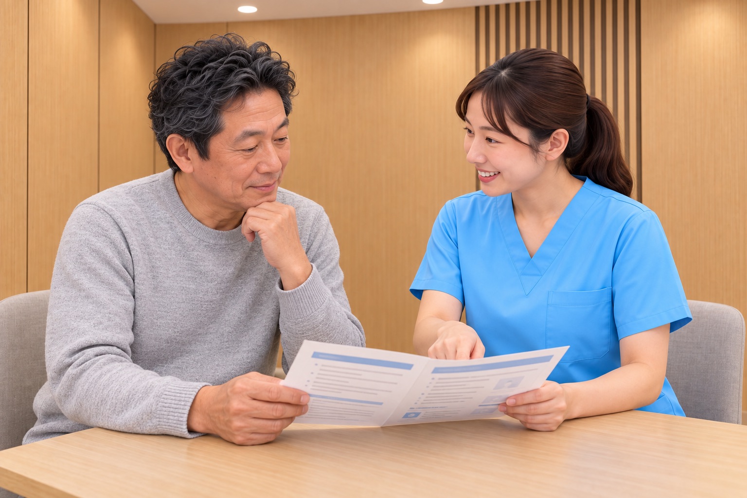 手術前後の生活と注意点 1 水色のスクラブを着た看護師が、帰宅後の過ごし方を患者と資料で確認するイメージ。