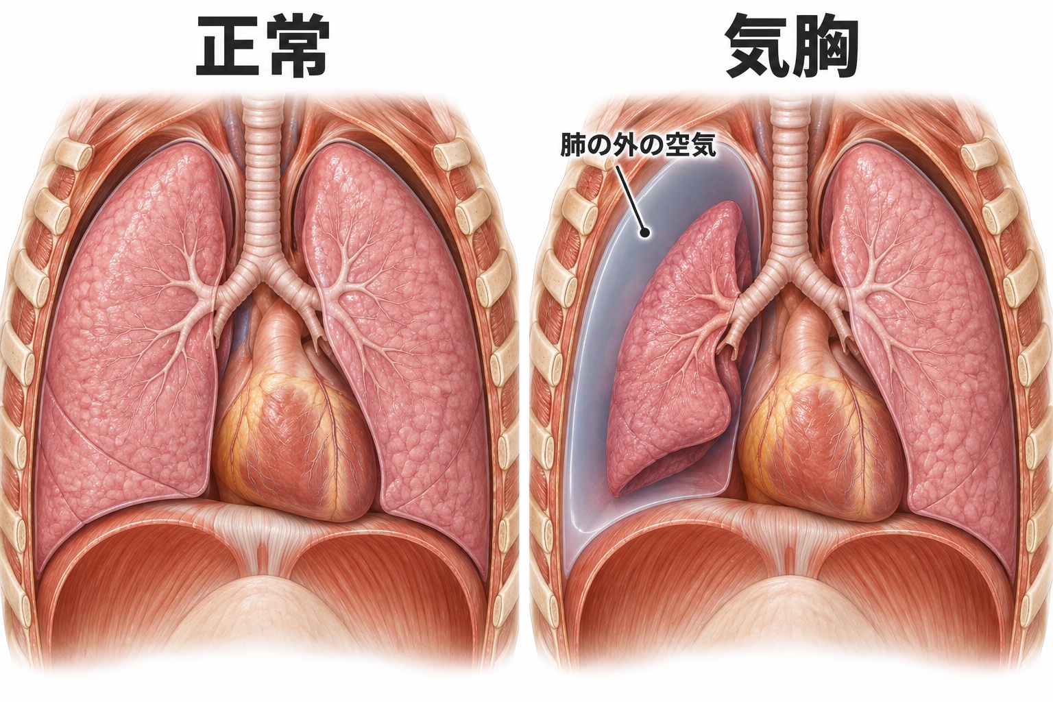 気胸(自然気胸)の日帰り手術 1 正常な肺と、肺の外に空気がたまり縮んだ肺を比べた医学模式図。