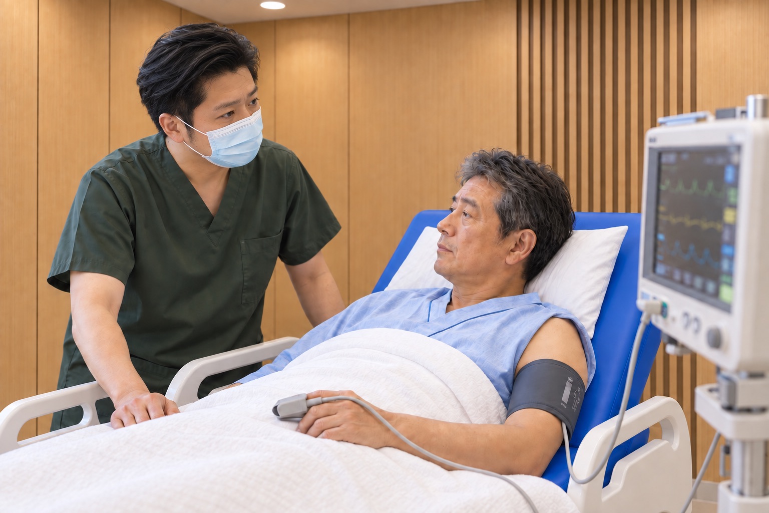 日帰り手術の麻酔について 2 血圧計と指のセンサーを装着した患者に、医師が声をかけて状態を確認する麻酔前のイメージ。
