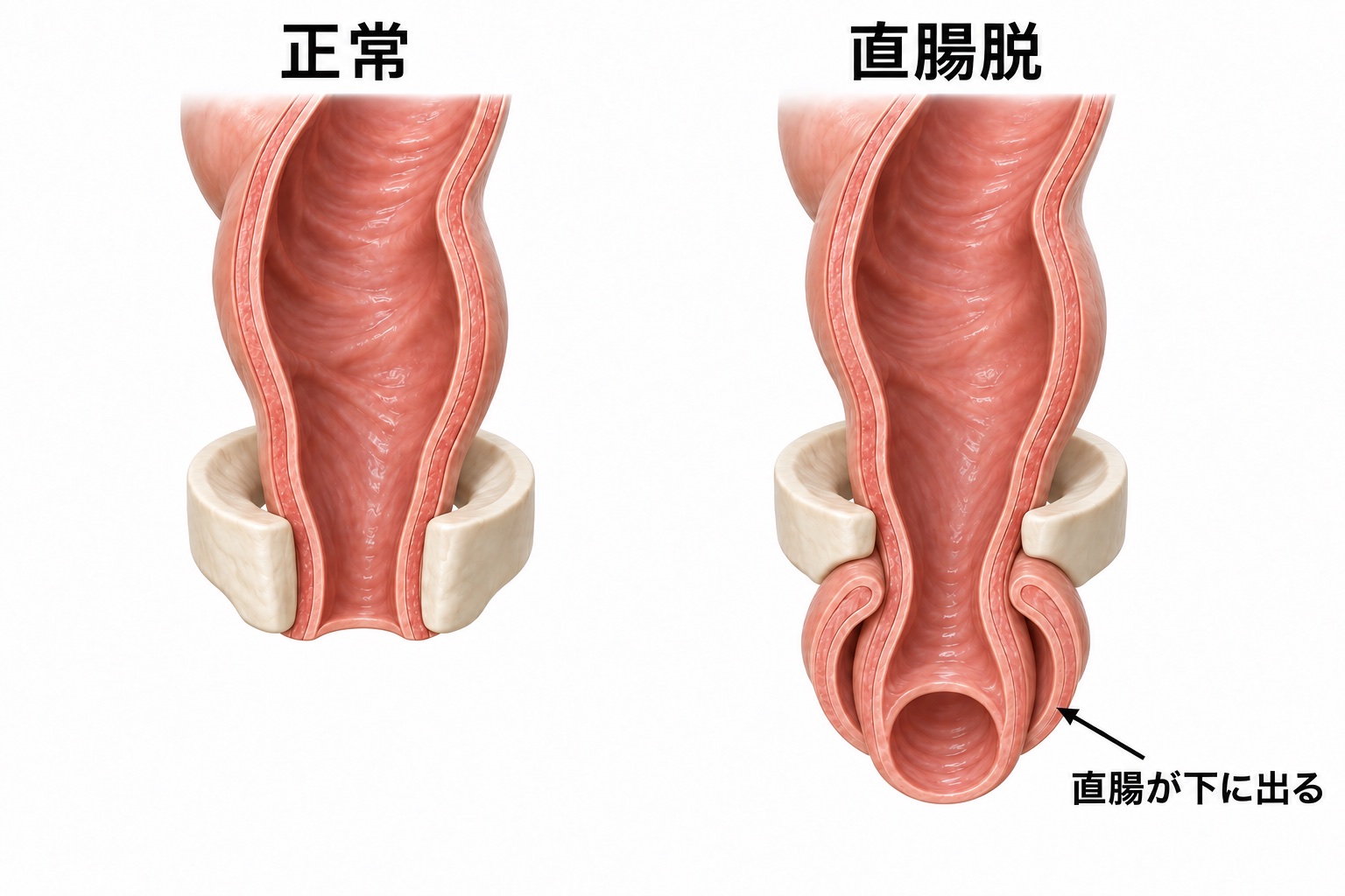 直腸脱の手術と入院期間|日帰り腹腔鏡下直腸固定術 1 直腸が体内にある状態と、肛門から外へ反転して出る直腸脱を比べた医学模式図。